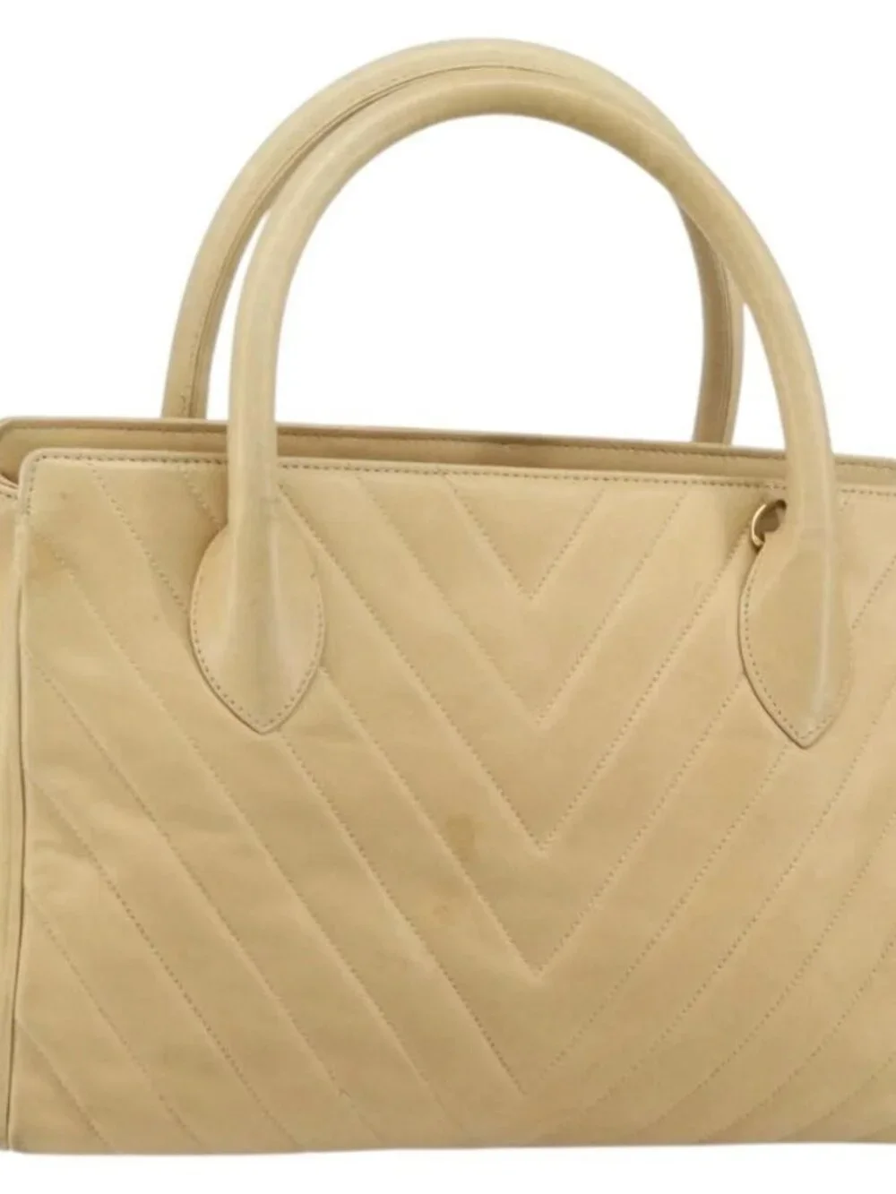 CHANEL V Stitch Hand Bag Leather Beige Gold CC Auth BA9348
